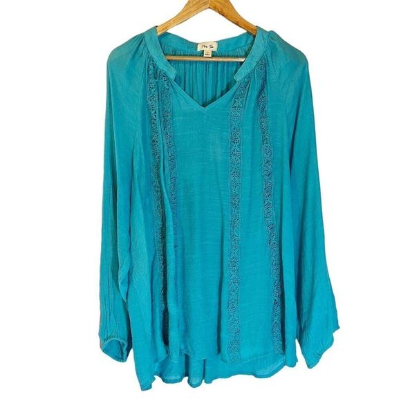 Per Se Women's Beachy Lightweight Blouse Turquoise Size 1X Long Sleeve - Picture 2 of 6